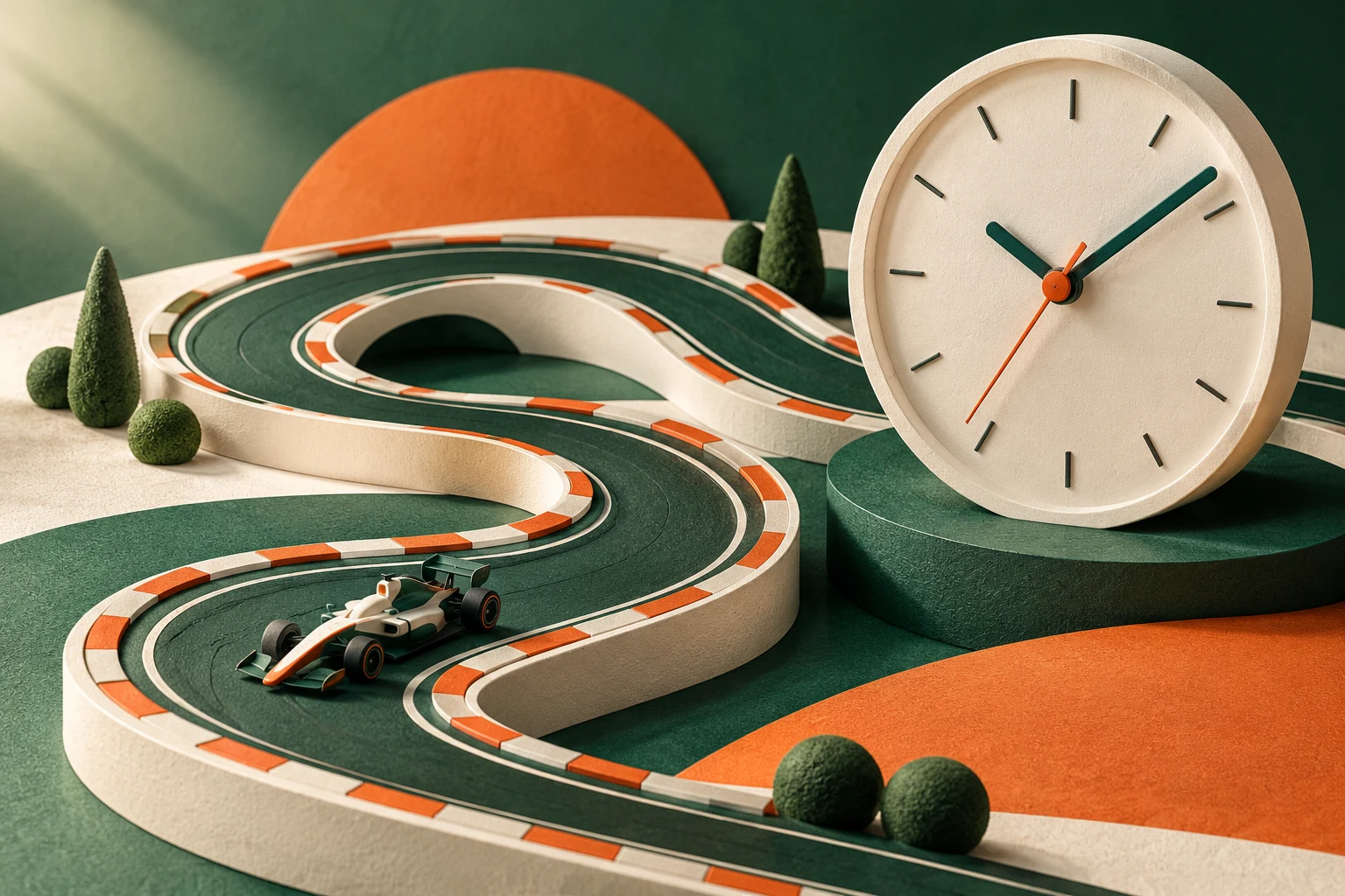 Circuito imaginario junto a un reloj decorativo; no es un plano real ni un horario medido.