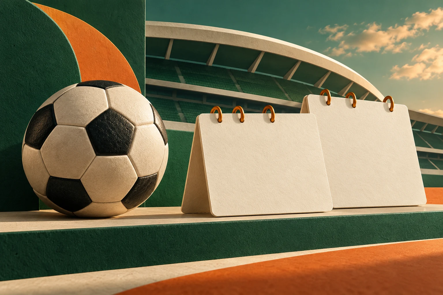 Balón y calendarios en blanco ante una grada imaginaria; ilustración conceptual.
