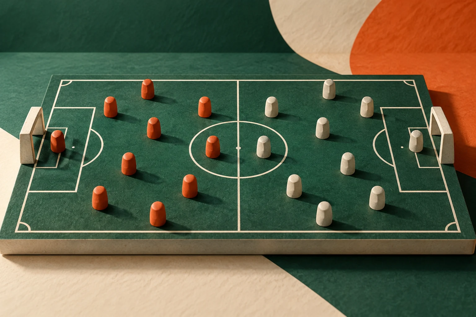 Campo en miniatura y piezas abstractas; no representan una alineación o clasificación.