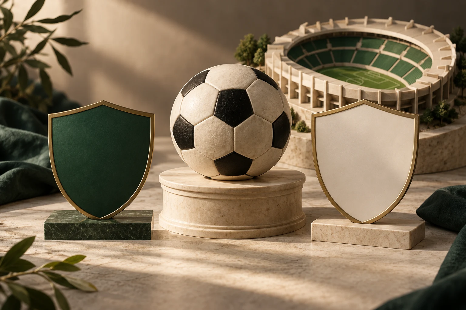 Balón, escudos vacíos y estadio abstracto; no representa emblemas del Getafe o Lugano ni un recinto real.