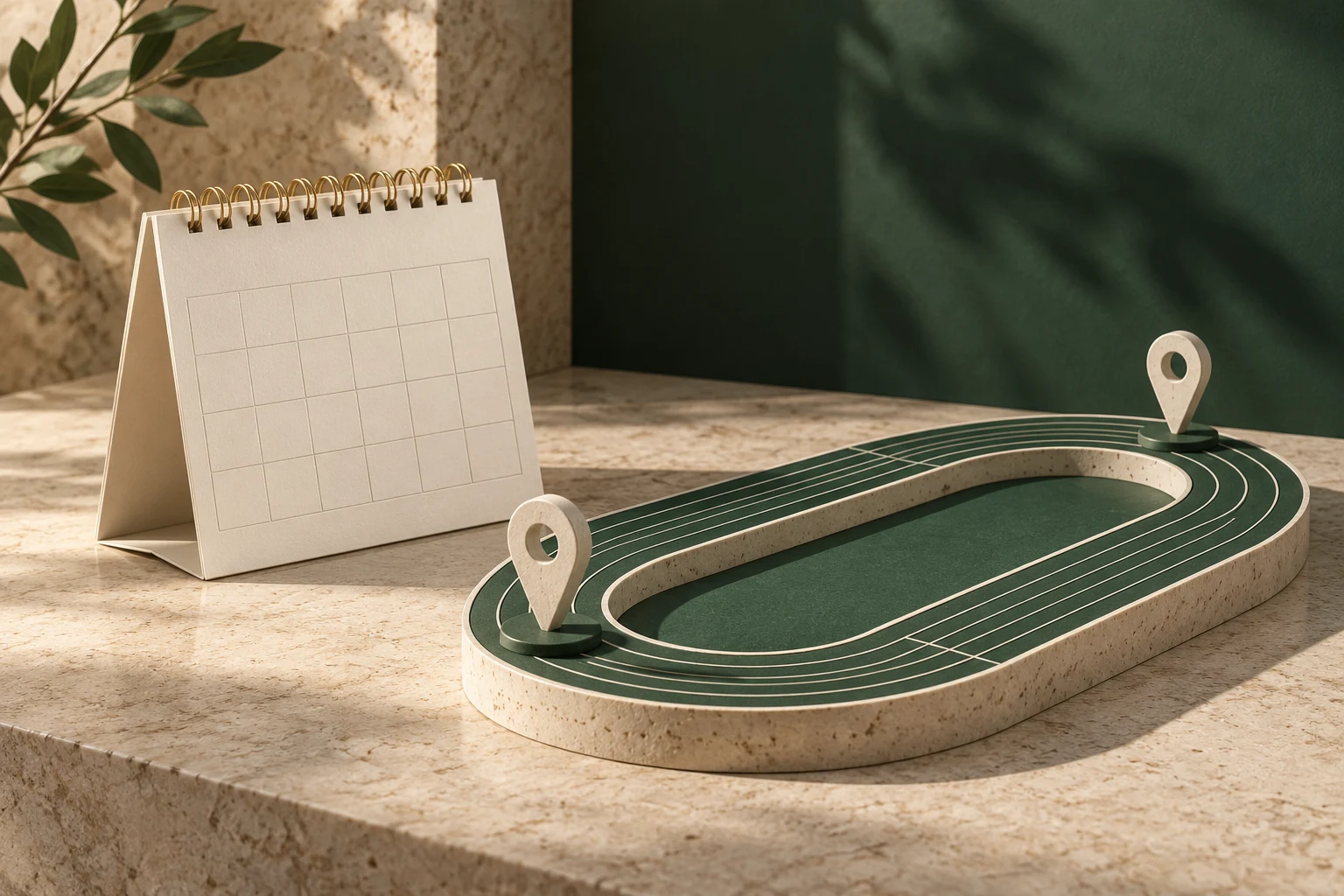 Calendario vacío y pista de atletismo en miniatura, representación conceptual sin fechas medidas.