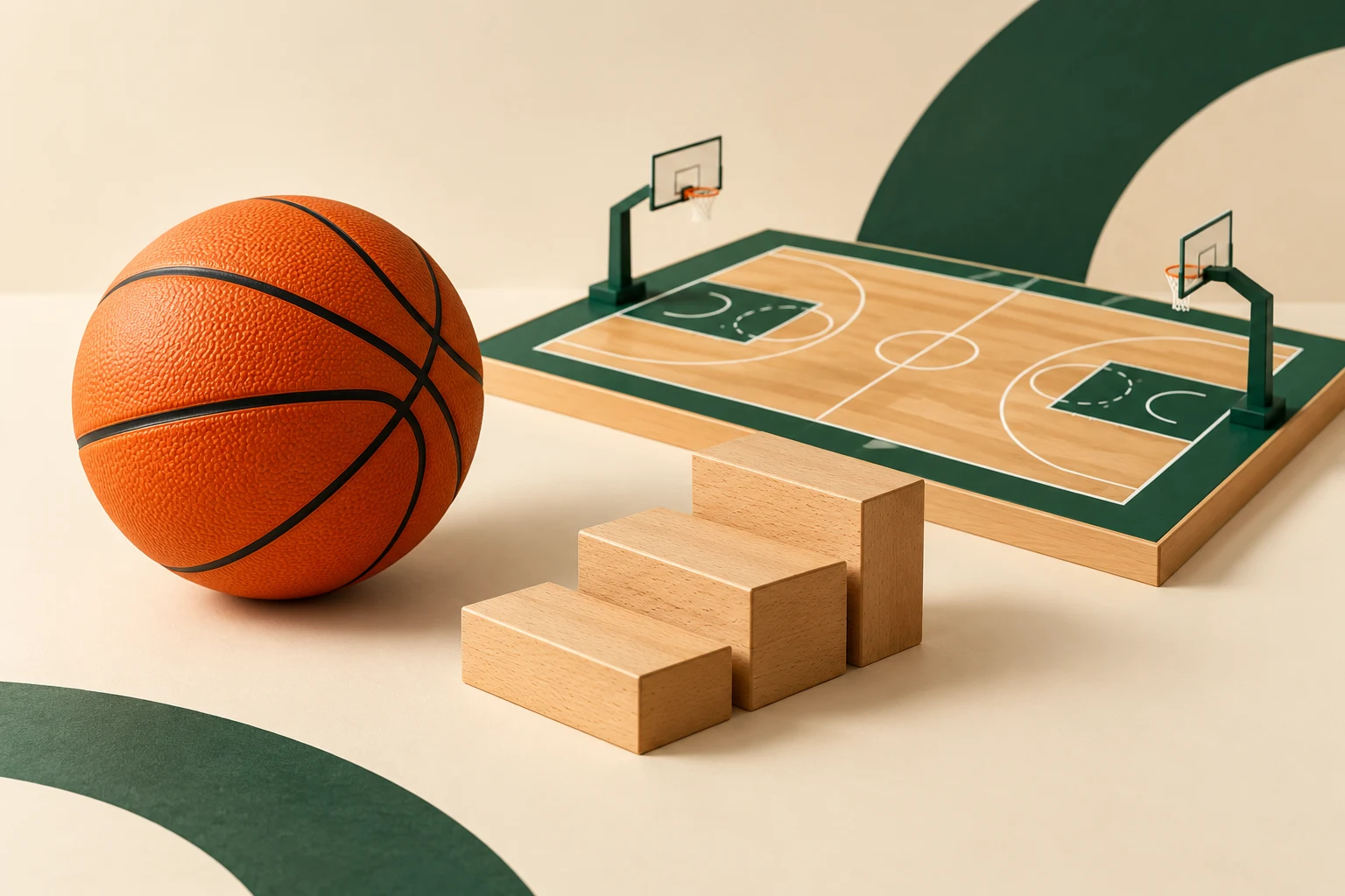 Balón y cancha de baloncesto en miniatura junto a tres escalones decorativos, sin representar resultados.