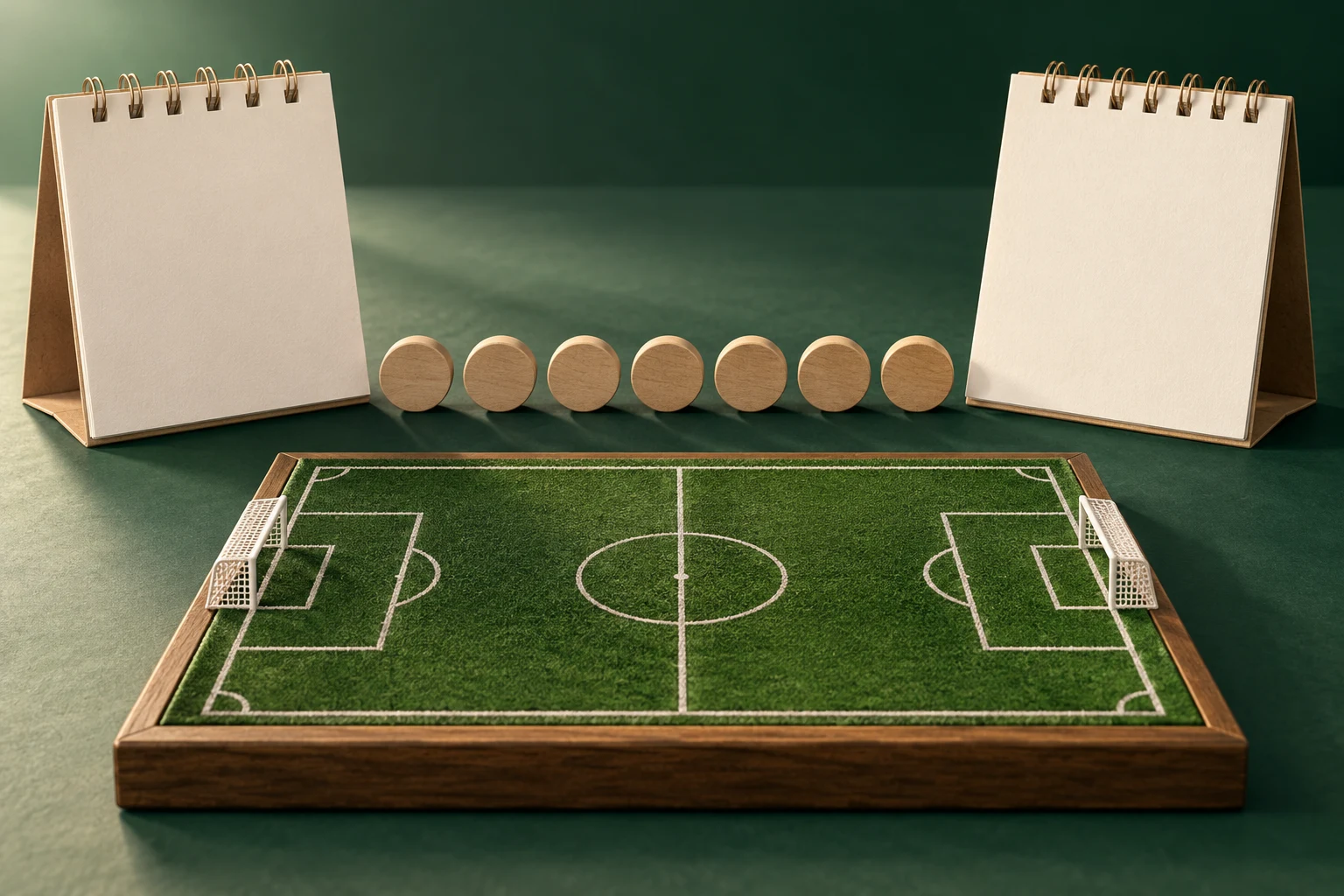 Campo de fútbol en miniatura y calendarios vacíos; los discos son decorativos, sin datos medidos.