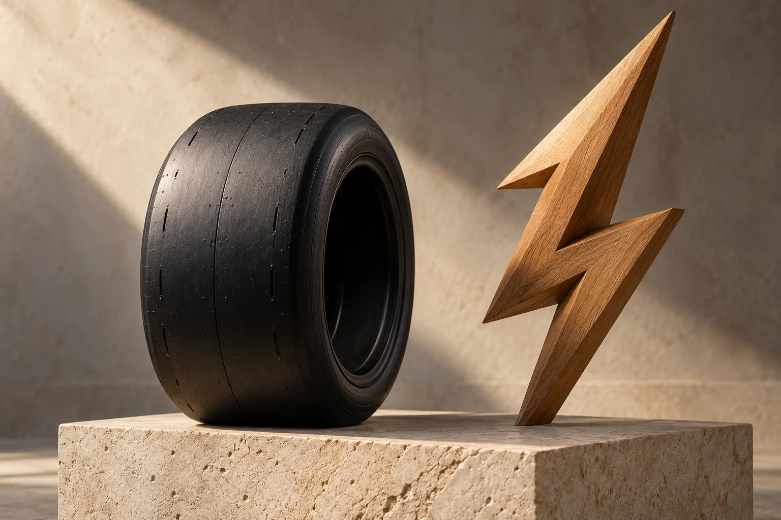 Neumático genérico y símbolo eléctrico de madera; no reproduce el producto anunciado ni resultados de pruebas.