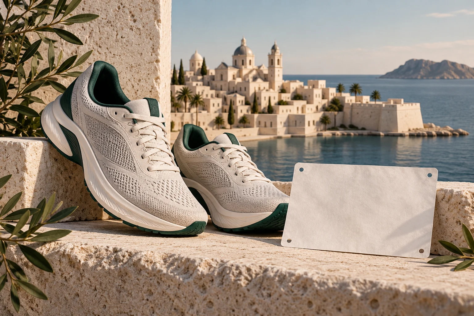 Zapatillas y dorsal vacío ante una ciudad mediterránea imaginaria; no muestra el recorrido o una inscripción real.