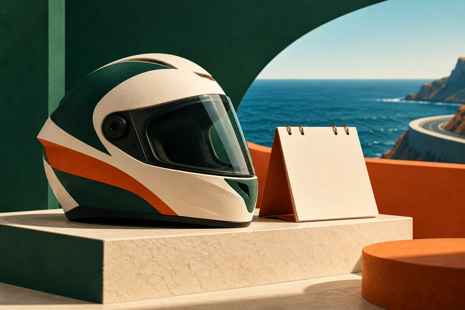 Casco sin marca y formas marinas, ilustración conceptual sin representar una carrera real.