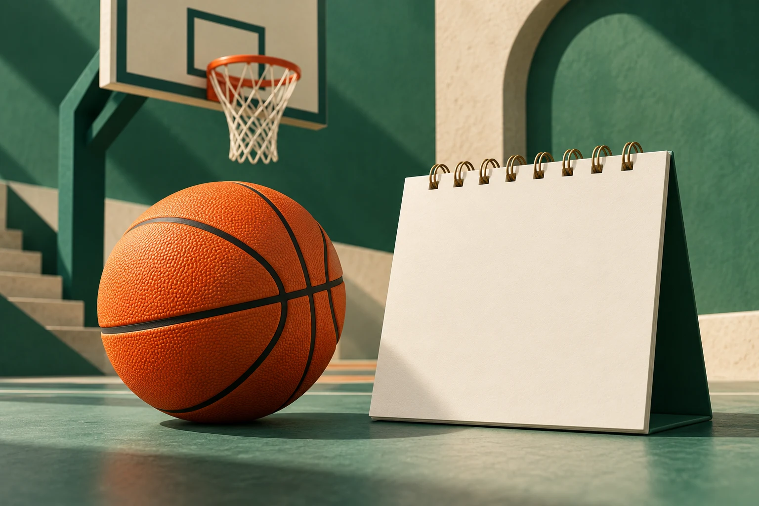 Balón de baloncesto junto a un calendario vacío; ilustración conceptual.