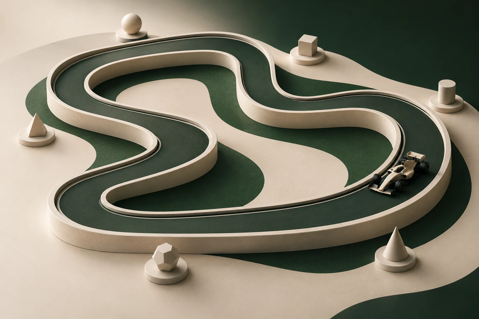 Circuito escultórico y coche genérico en miniatura con seis marcadores decorativos, sin circuito real.