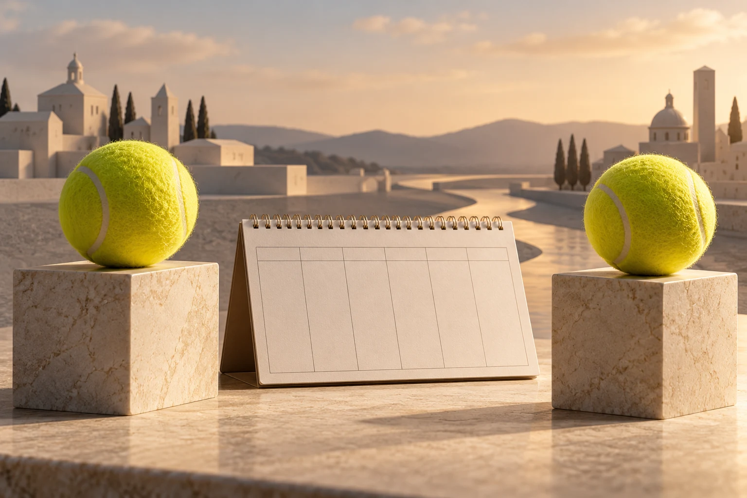 Dos pelotas y calendario vacío ante ciudades imaginarias; no representa las sedes de Almaty o Bruselas.