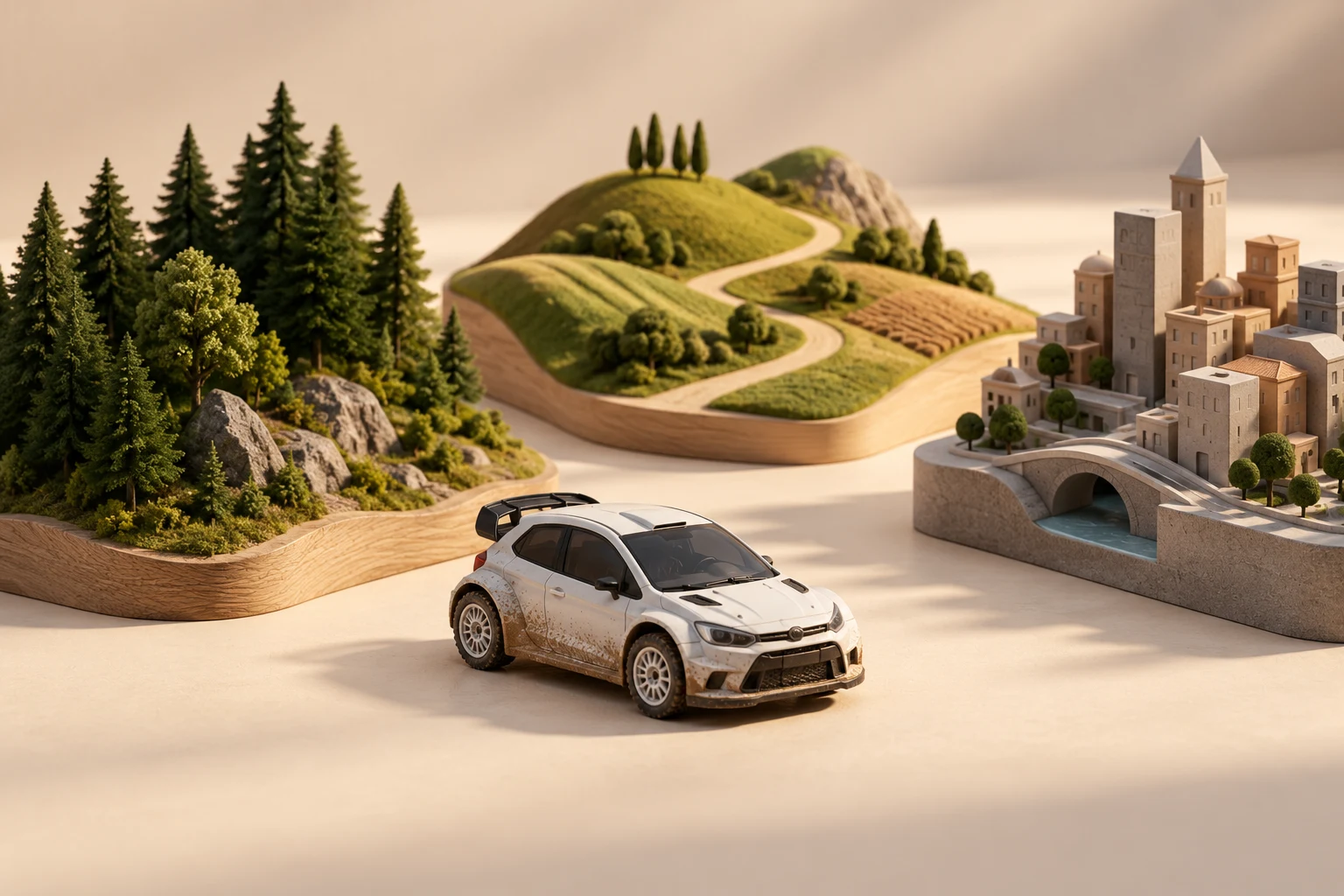 Coche de rally genérico y paisajes en miniatura; no representa tramos, vehículos homologados o escenarios reales.