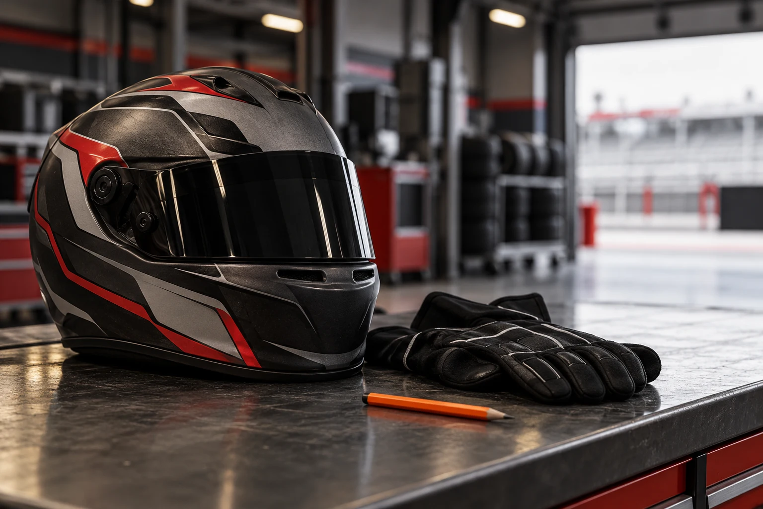 Casco y guantes genéricos en un garaje conceptual; no pertenecen a Camara ni muestran las instalaciones de Haas.