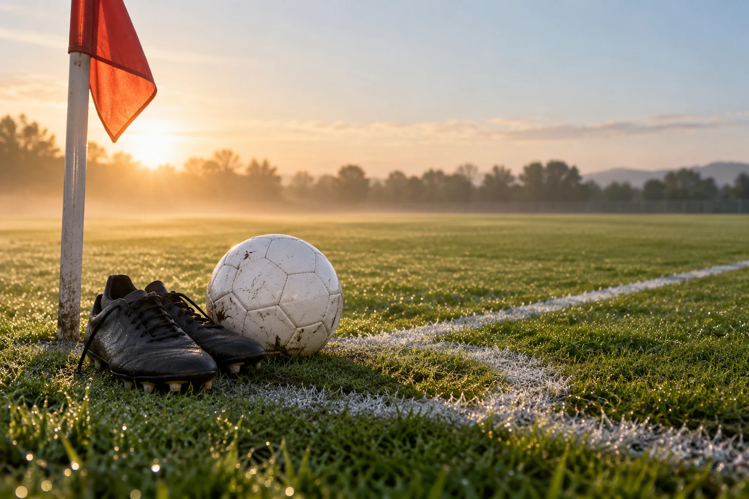 Botas y balón sin marcas junto a un banderín en un campo de entrenamiento vacío conceptual.