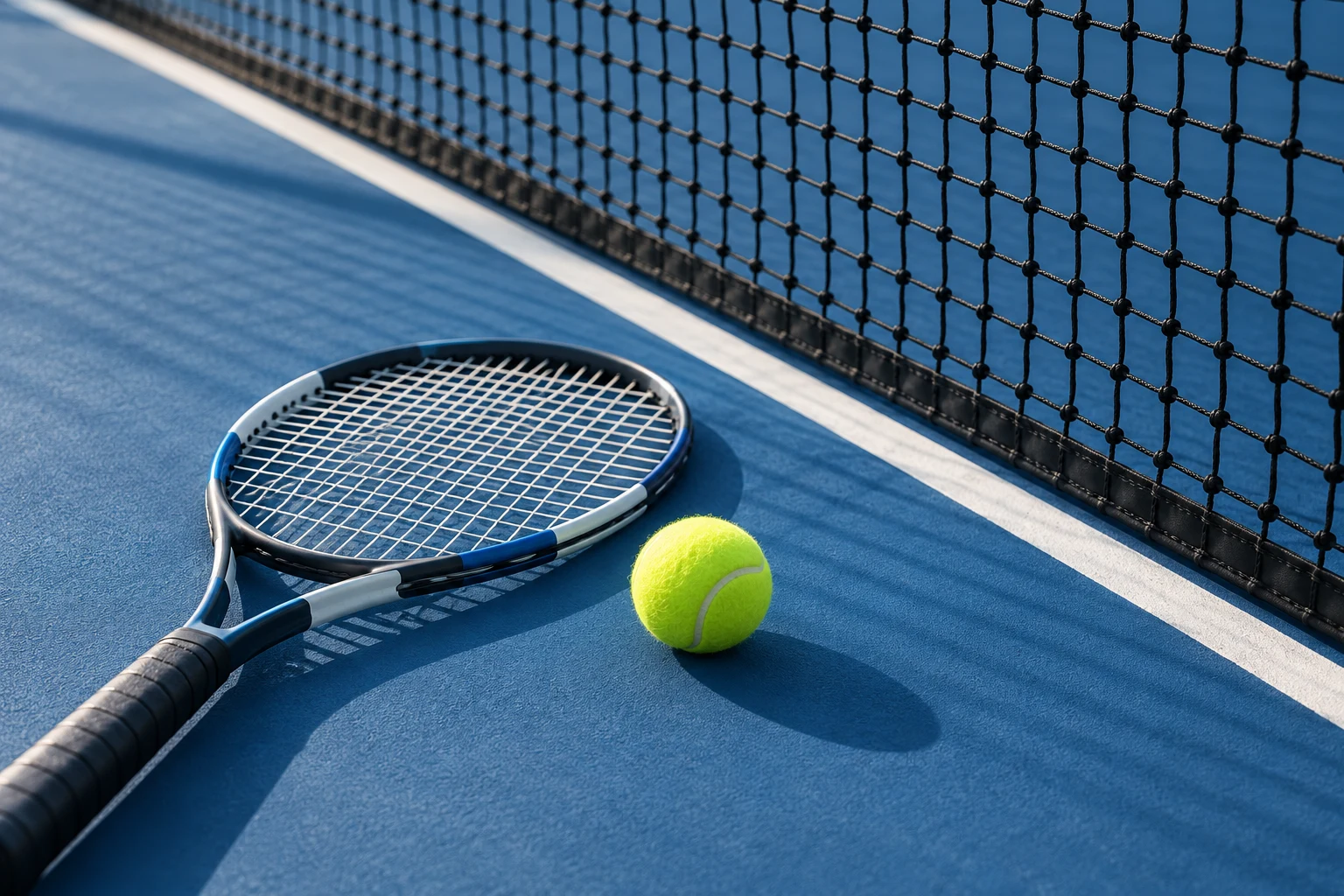 Pelota y raqueta junto a una red sobre pista azul; escena conceptual sin partido real.