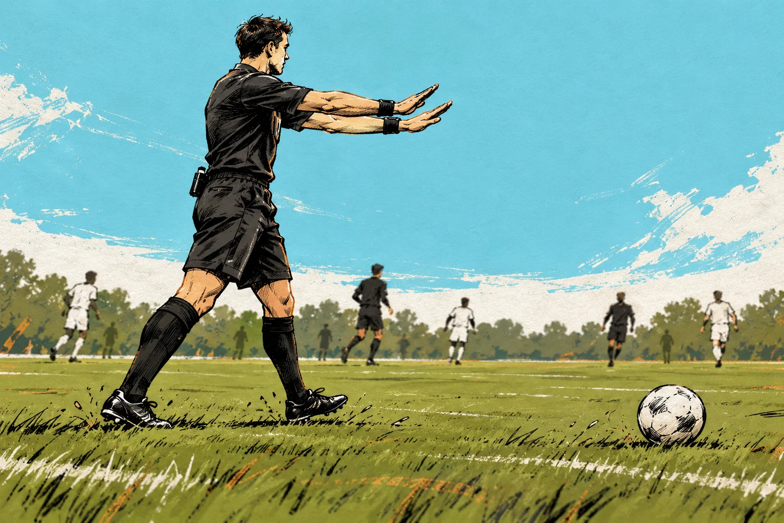 Dibujo de un árbitro y jugadores ficticios dejando continuar el juego; no representa una decisión ni un partido reales.