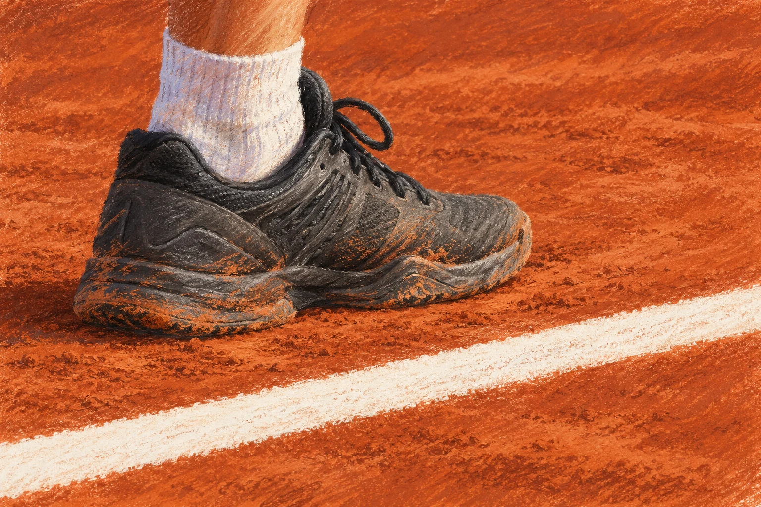 Detalle al pastel de un zapato detrás de una línea blanca en una pista ficticia; no documenta un saque ni decide una falta de pie.