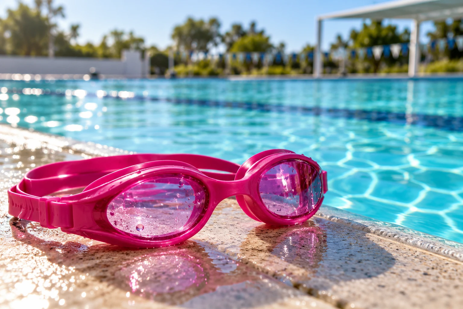Gafas de natación genéricas junto a una piscina ficticia; no documenta una competición, material olímpico ni prueba de producto.