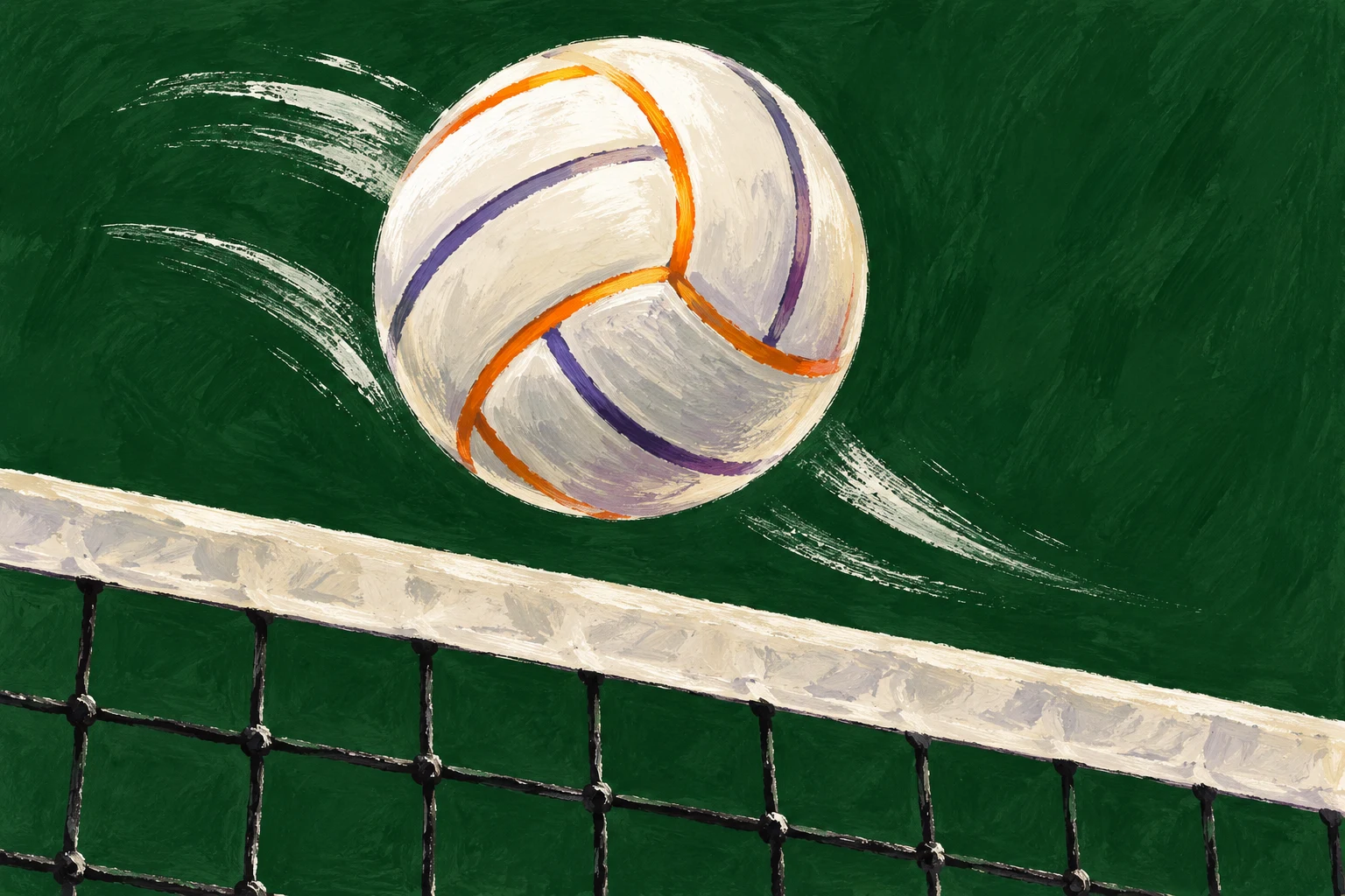 Gouache conceptual de un balón de voleibol sobre una red; no muestra una jugada ni un partido real.