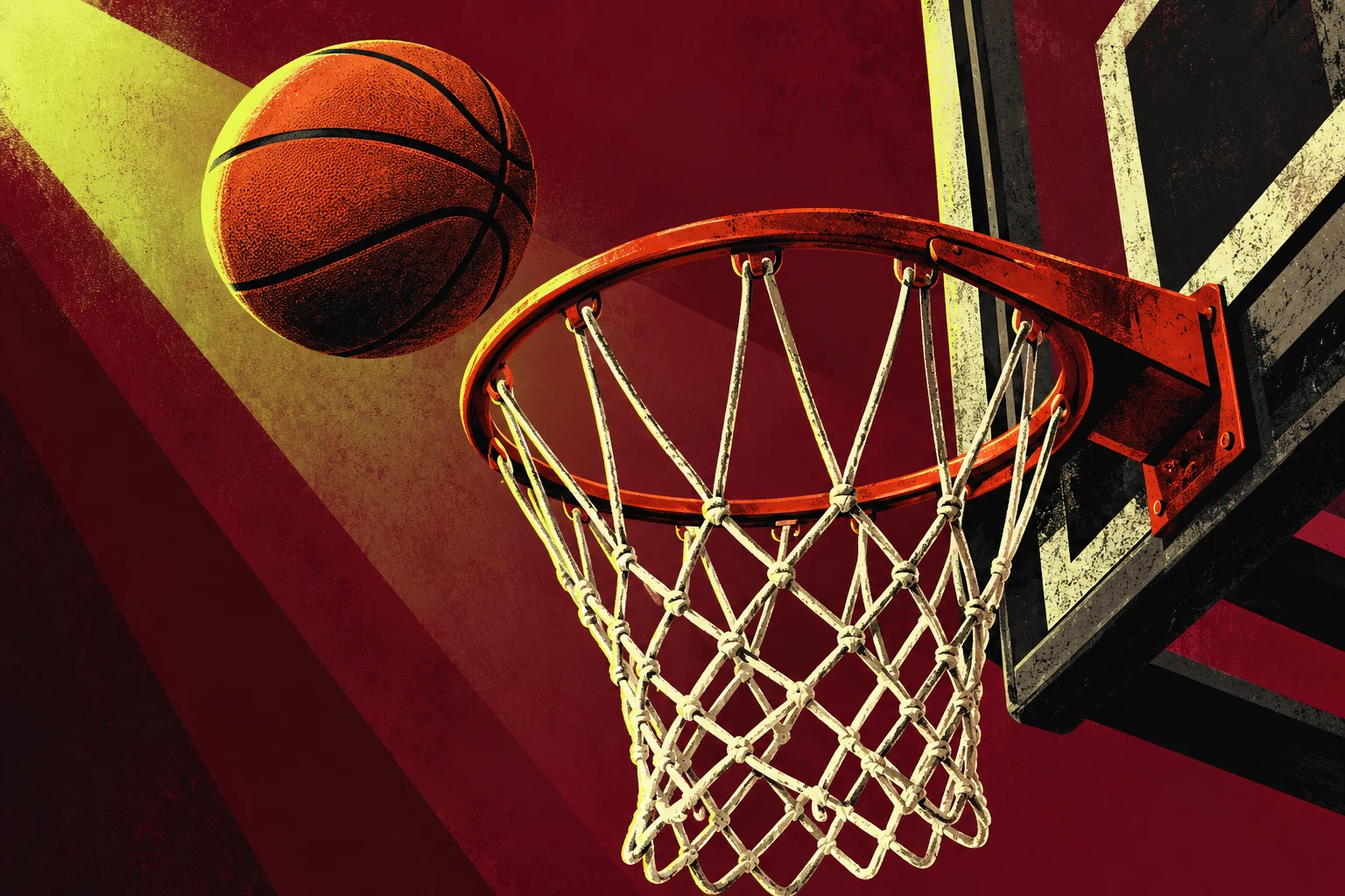 Aro y balón de baloncesto en una composición gráfica ficticia; ilustración IA sin reloj, partido ni rebote medido.