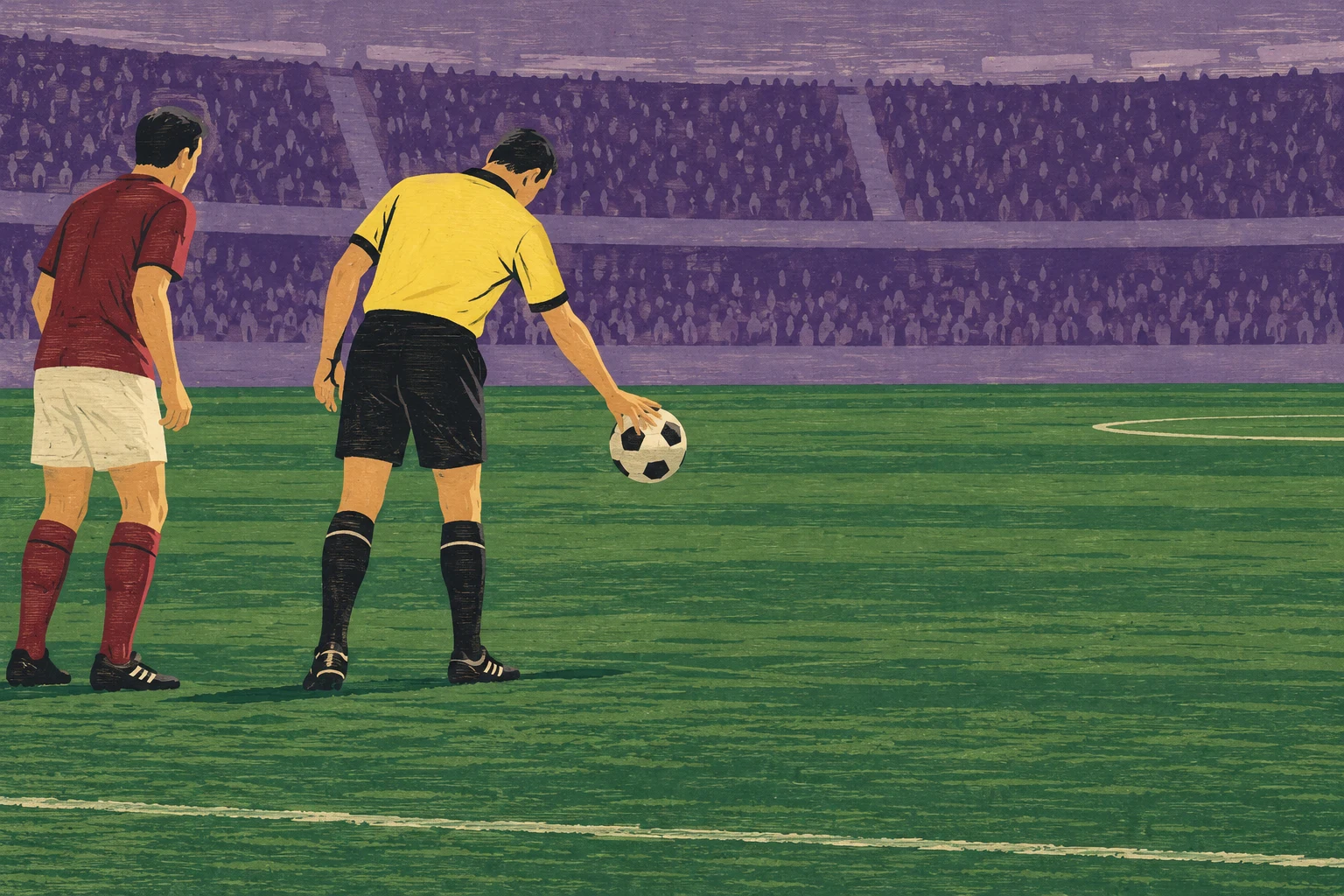 Grabado de una reanudación ficticia; no documenta un partido ni acredita la distancia reglamentaria de los jugadores.