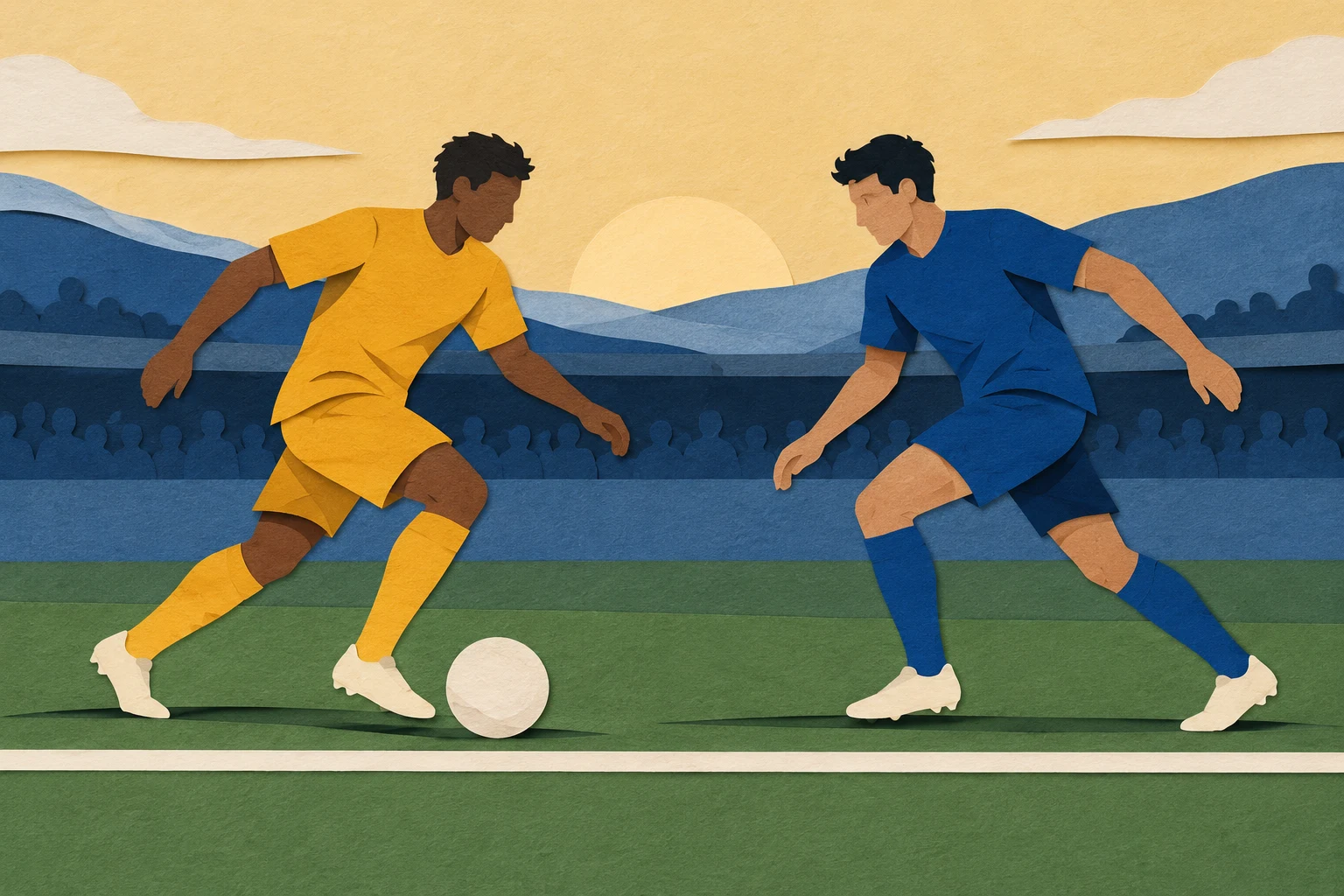 Dos futbolistas ficticios junto a una línea en collage de papel; imagen IA sin partido o decisión arbitral reales.