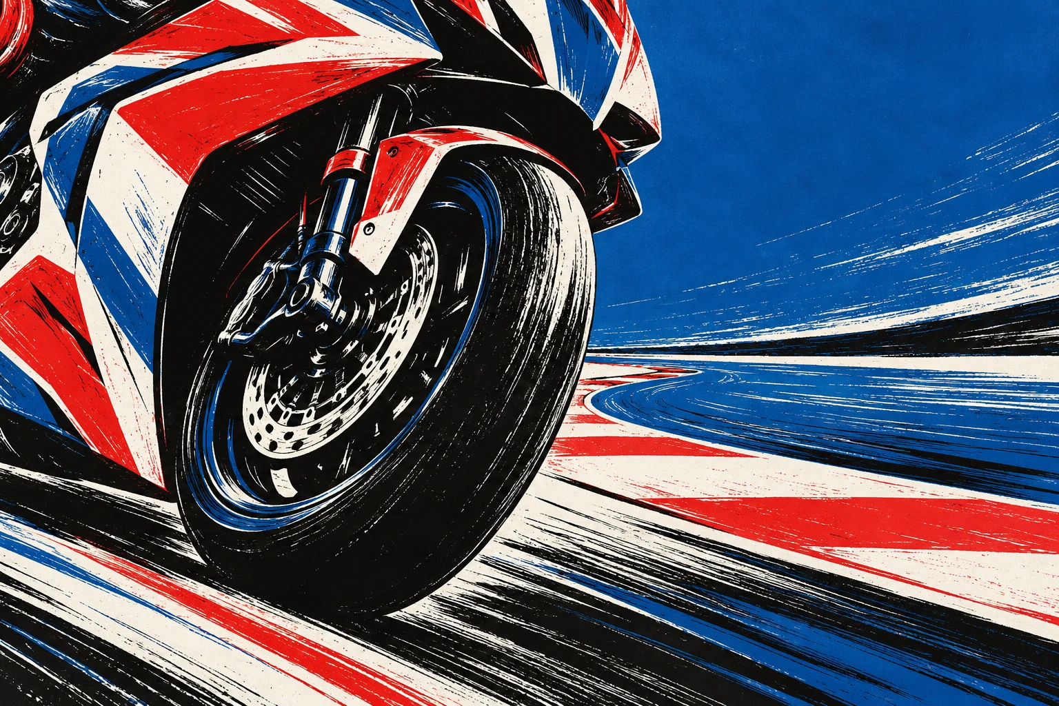 Detalle de motocicleta ficticia sin marcas ni dorsal; linograbado IA, no imagen de carrera.