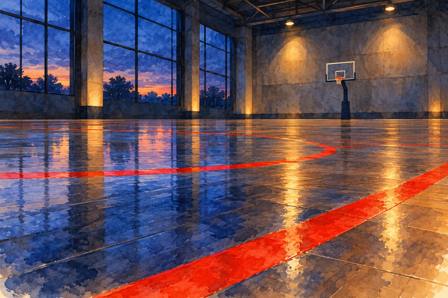 Pista de baloncesto imaginada y vacía, acuarela IA sin balón ni decisión arbitral real.