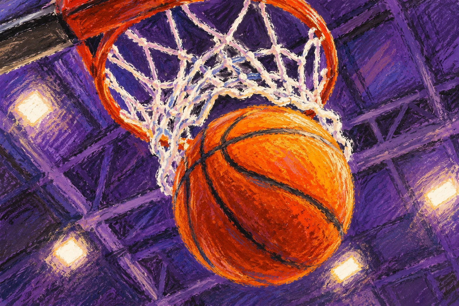 Balón bajo una canasta imaginaria dibujada al pastel; ilustración IA, no fotografía de un partido.