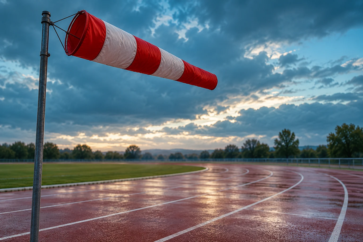 Manga de viento sobre una pista de atletismo ficticia vacía; ilustración IA sin lectura de anemómetro ni carrera real.