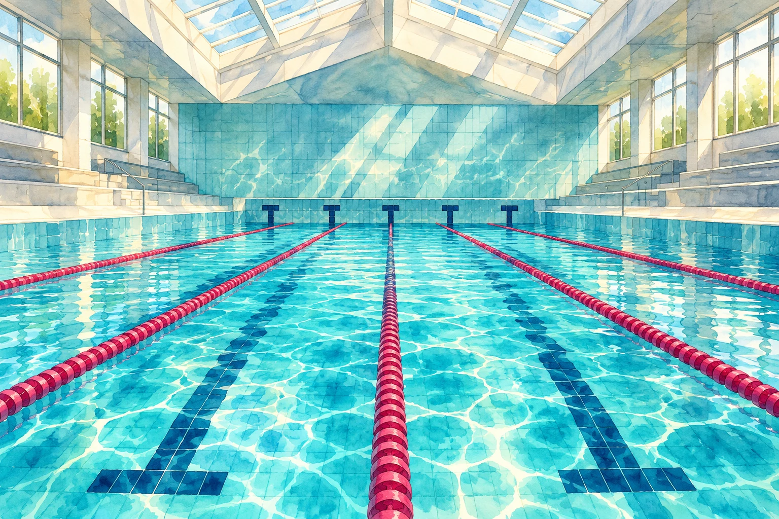 Piscina interior imaginaria en acuarela; imagen IA sin carrera, sede real ni longitud medida.