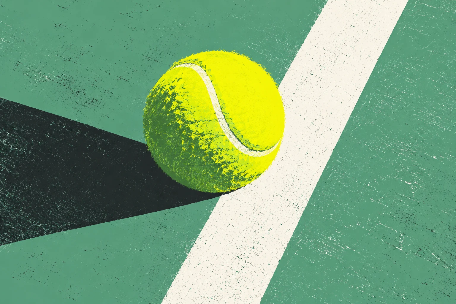Pelota y línea de pista imaginarias vistas desde arriba; serigrafía IA sin medición arbitral.
