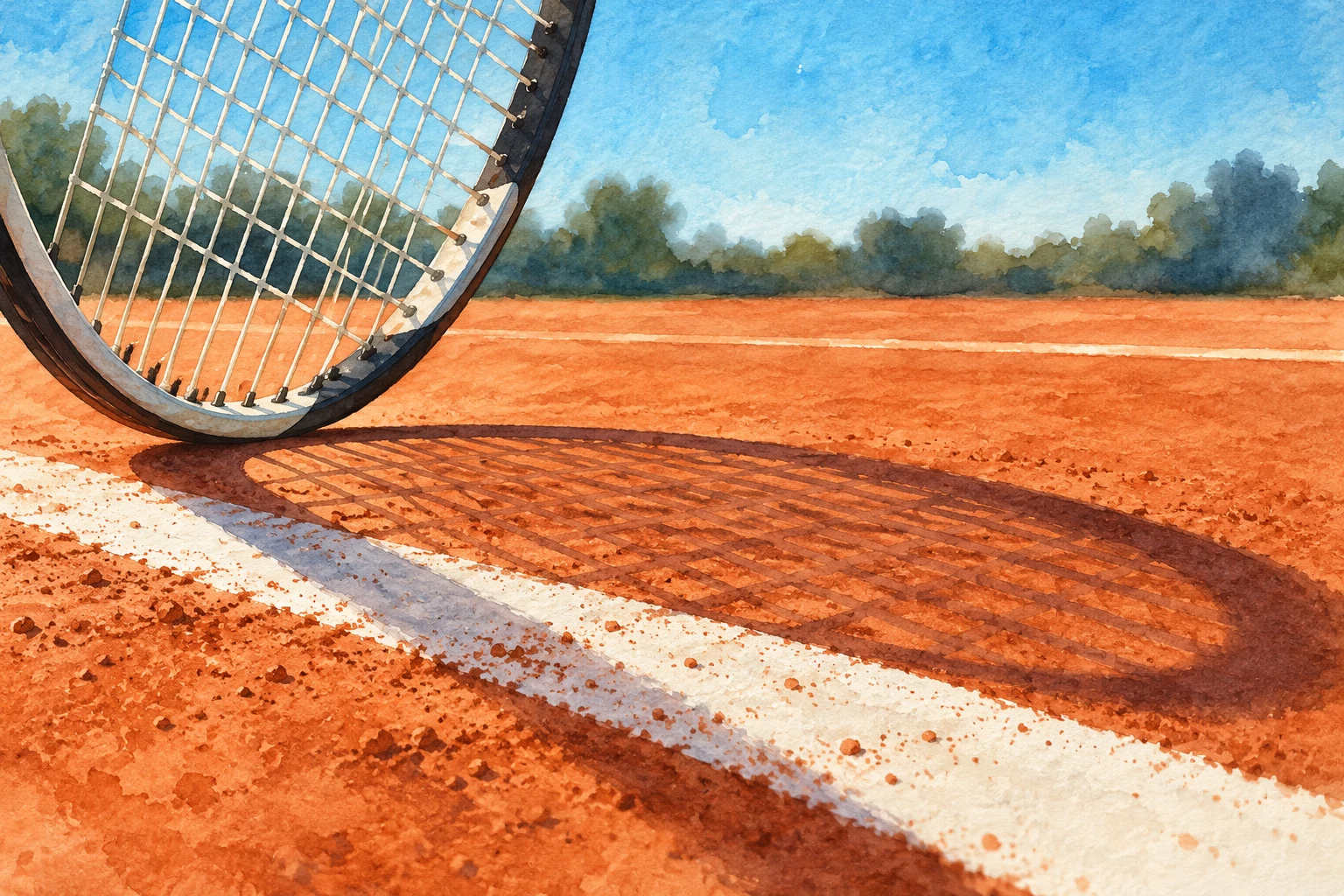 Sombra de una raqueta sobre una pista imaginaria de tenis, dibujada en acuarela; ilustración IA de contexto, sin jugador ni ejemplo medido de falta de pie.