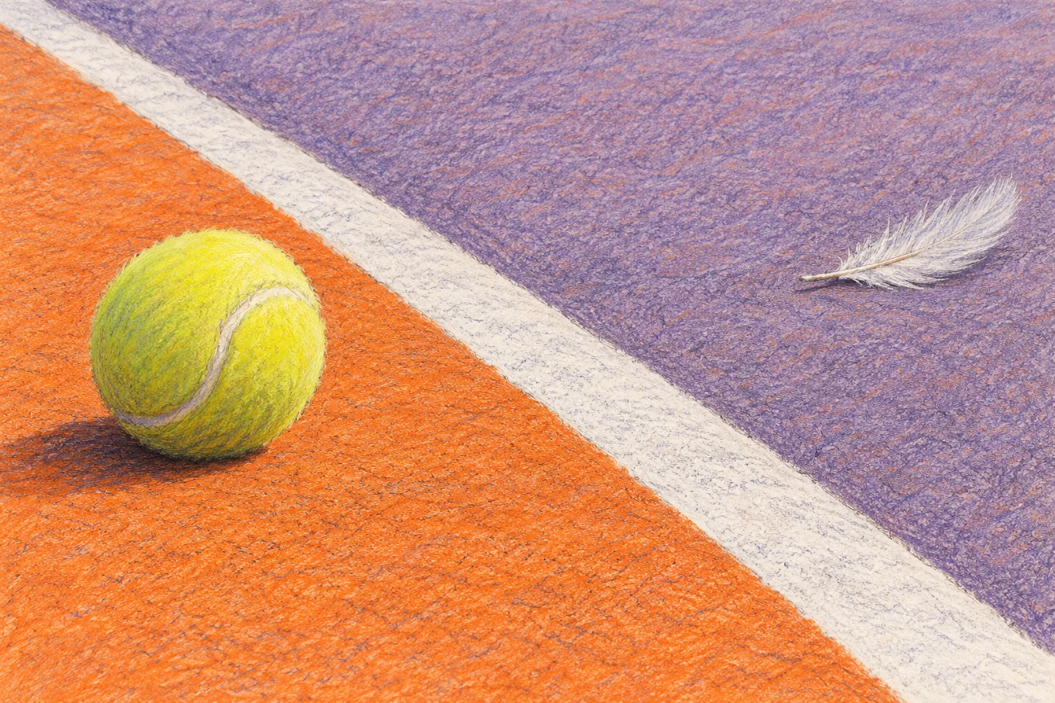 Ilustración IA de una pelota y una pluma inmóviles en una pista ficticia; no documenta una interferencia, colisión ni partido.
