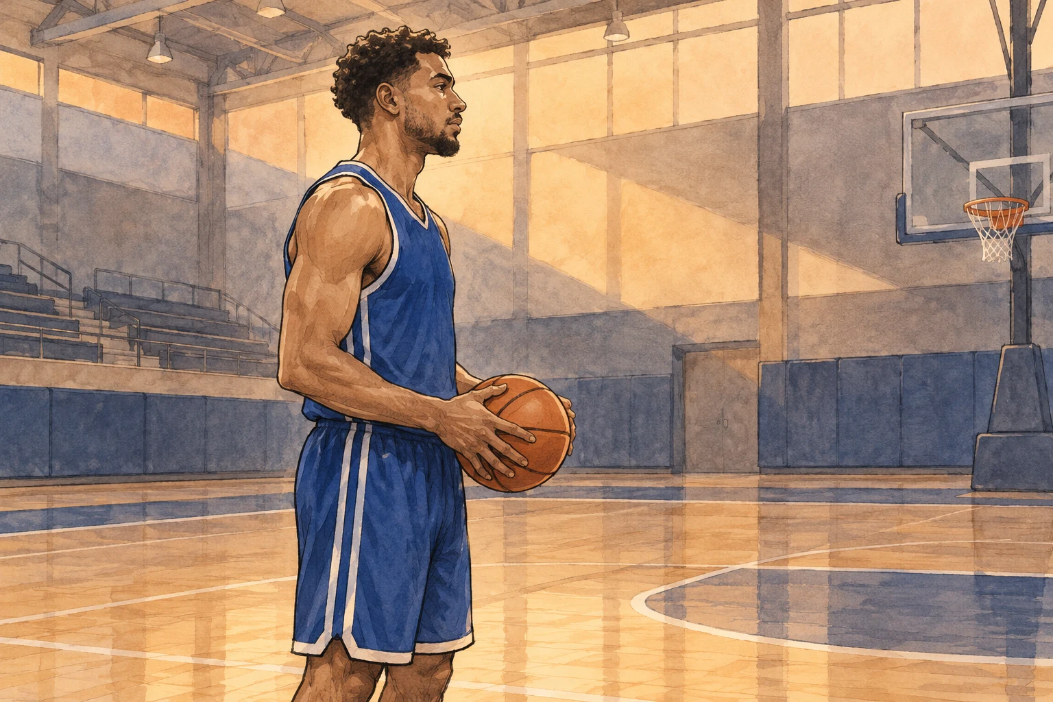 Ilustración IA de un baloncestista adulto ficticio sosteniendo un balón; no demuestra un tiro libre, un cronometraje ni una infracción reales.