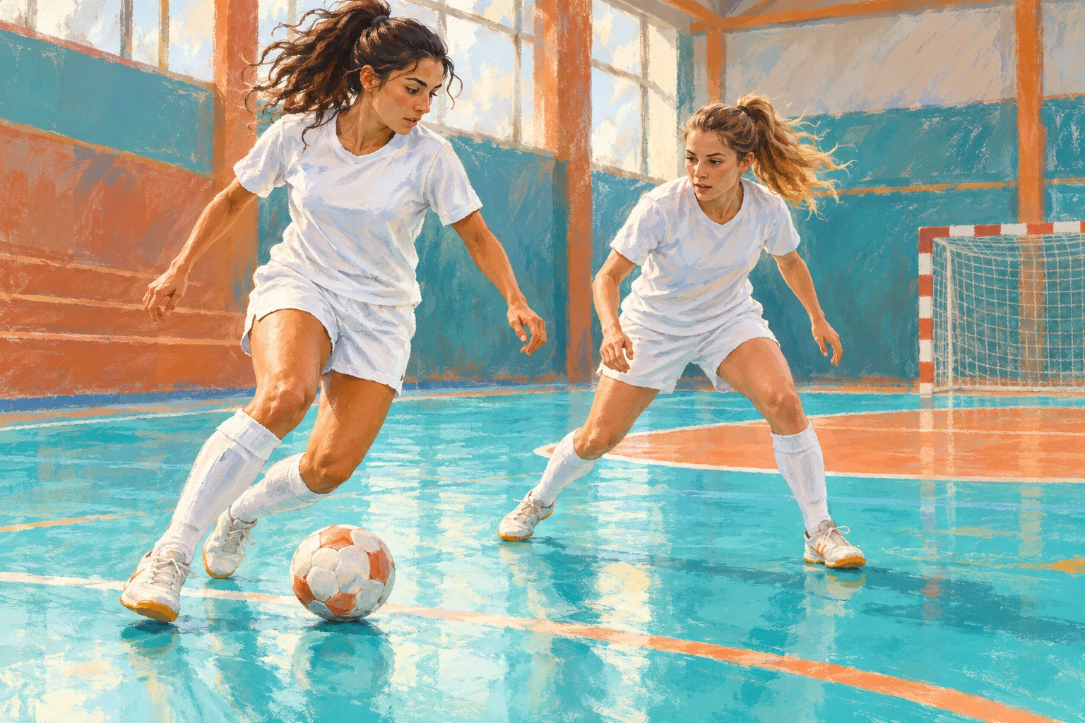 Ilustración IA de jugadoras adultas ficticias en una pista inventada; no muestra clubes reales ni un partido de la Copa de la Reina.