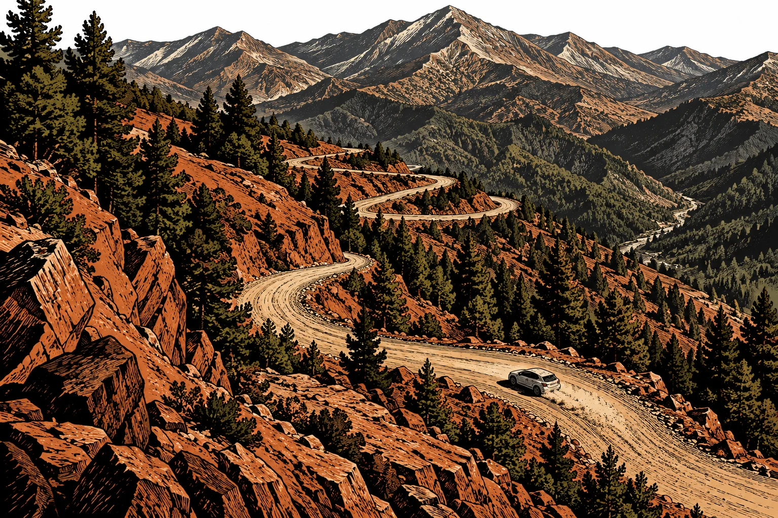 Ilustración IA de un coche y una carretera de montaña inventados; no muestra un tramo real de Chipre ni una imagen de la competición.