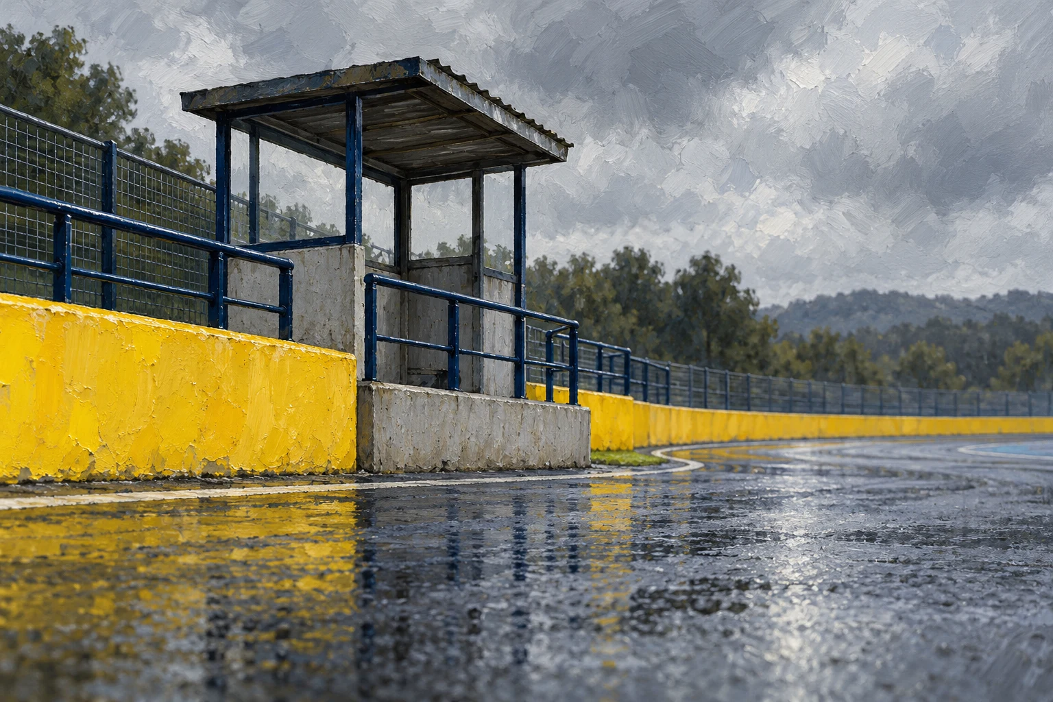 Ilustración IA de un puesto de comisarios vacío en un circuito inventado; no muestra banderas oficiales, una carrera, un piloto ni una sanción real.