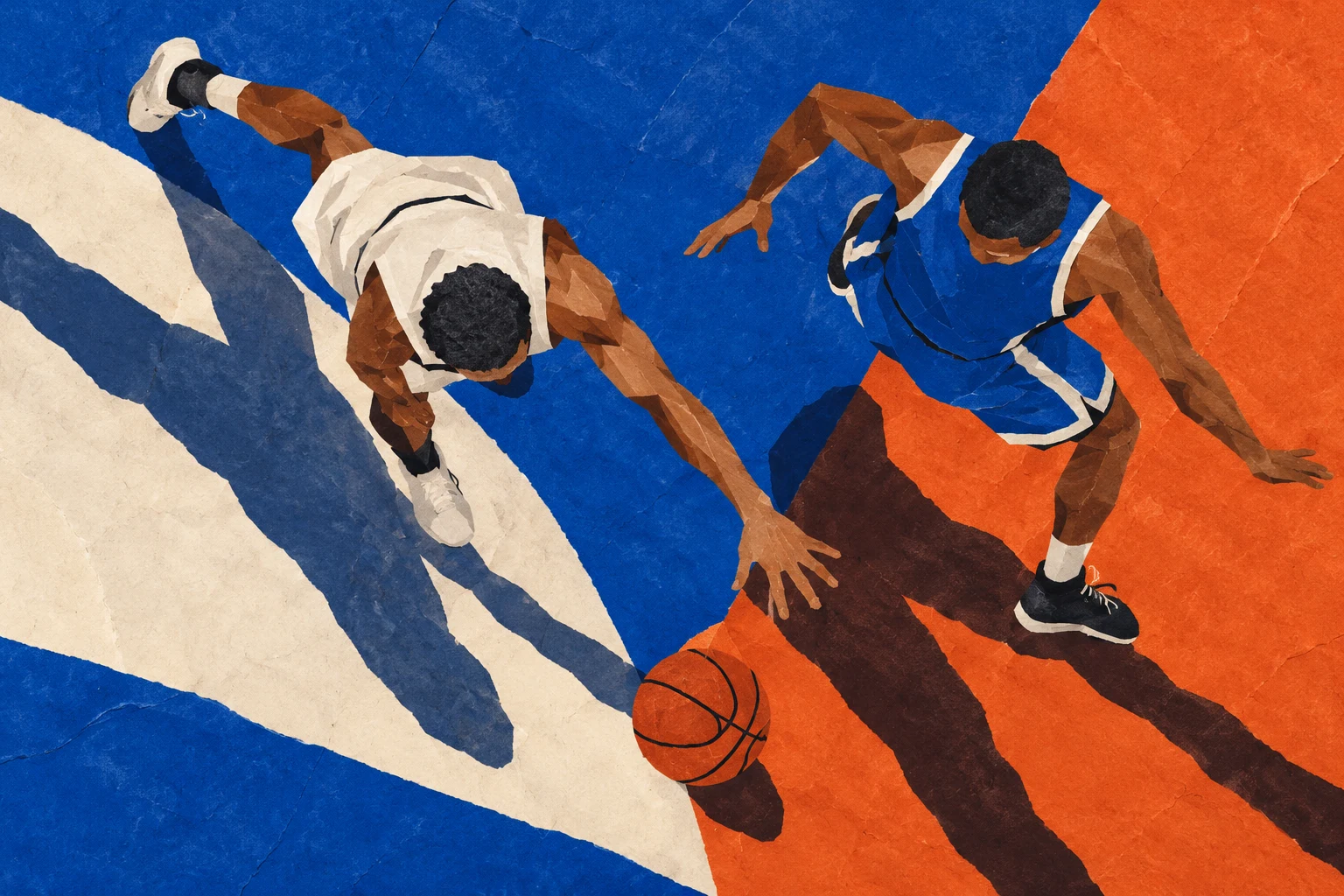 Ilustración IA de jugadores inventados y un balón en una cancha abstracta; no representa una falta real, un arbitraje ni un partido celebrado.