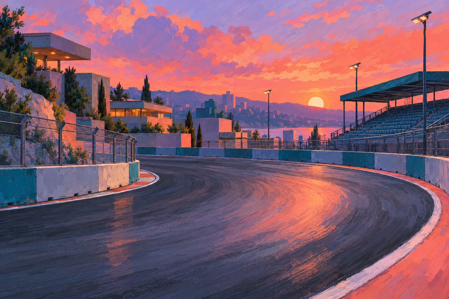 Ilustración IA de un trazado urbano ficticio vacío al atardecer; no representa circuitos, ciudades ni carreras reales de Fórmula E.