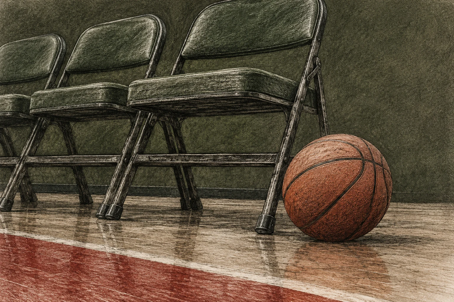Ilustración IA de sillas vacías y un balón genérico junto a una cancha imaginaria; no representa un partido NBA, una franquicia ni un tiempo muerto real.
