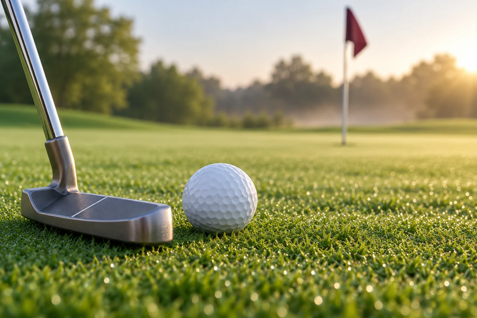 Ilustración IA de una bola y un putter sin marca en un green imaginario; no muestra Abedul Golf, participantes ni resultados del torneo.