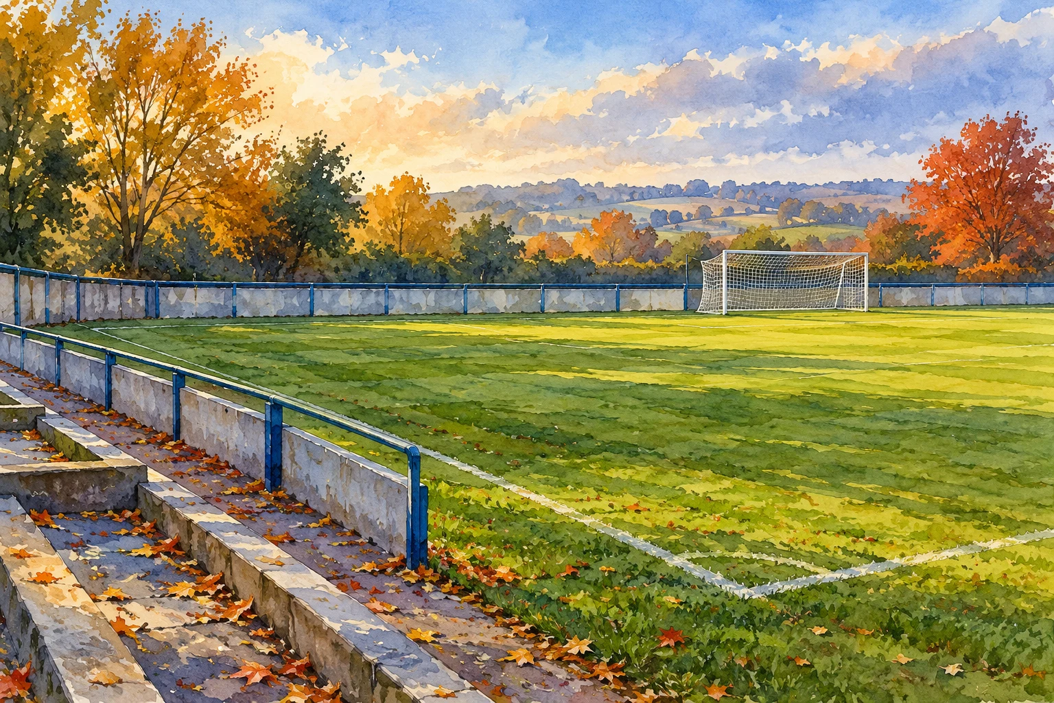 Ilustración IA de un campo de fútbol ficticio y vacío; no documenta partidos, estadios de clubes ni asistencia.
