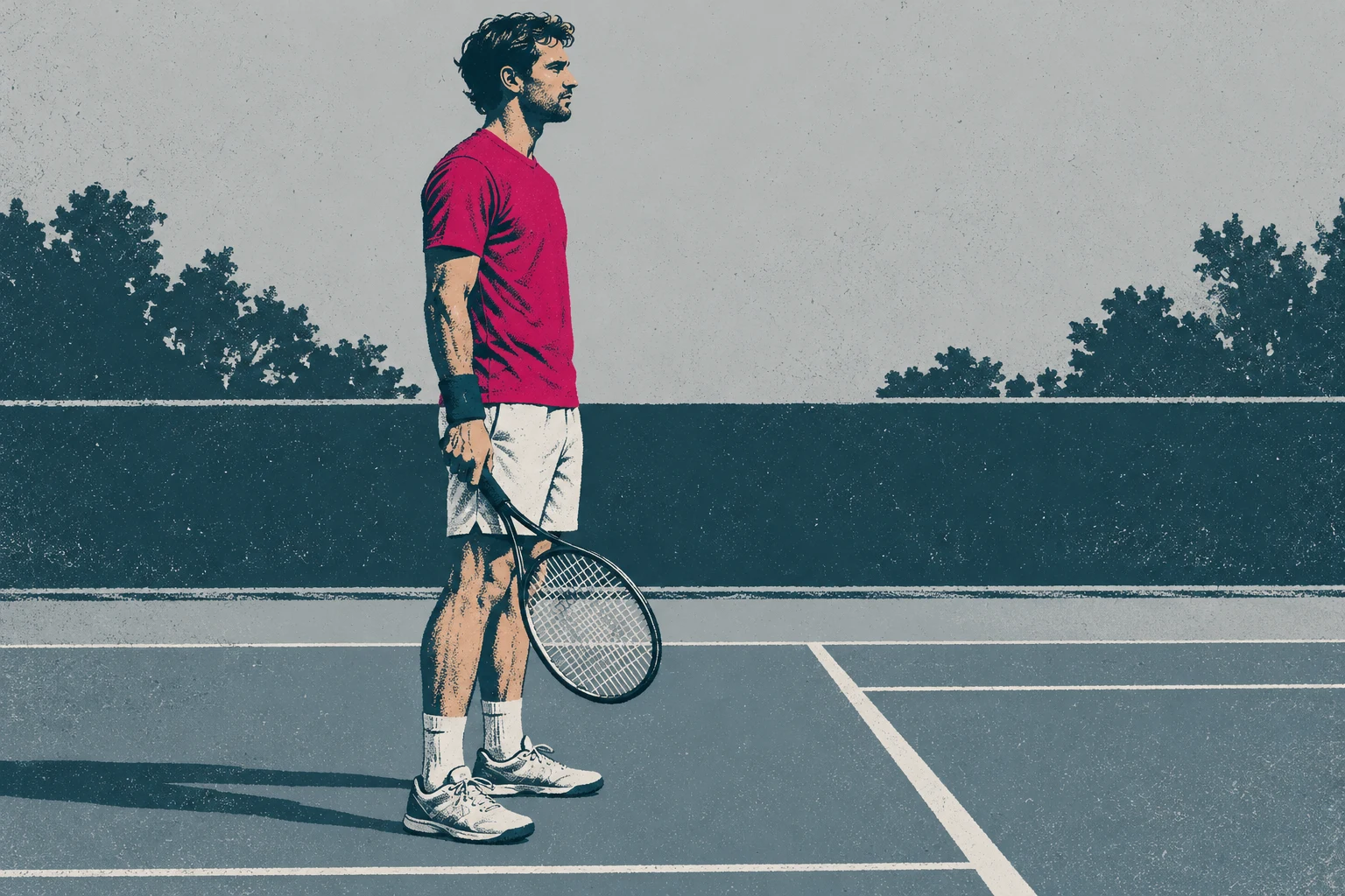 Ilustración IA de un tenista aficionado ficticio en reposo; no representa un jugador real, una infracción, una jugada ni una decisión arbitral.