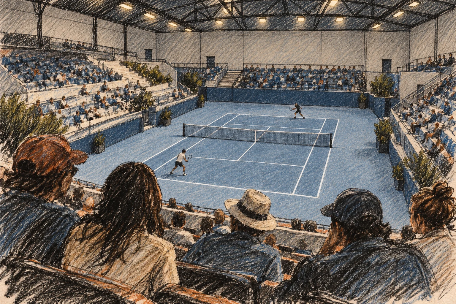 Ilustración IA de una grada de tenis imaginaria y espectadores ficticios, sin recrear el Wiener Stadthalle ni participantes reales.
