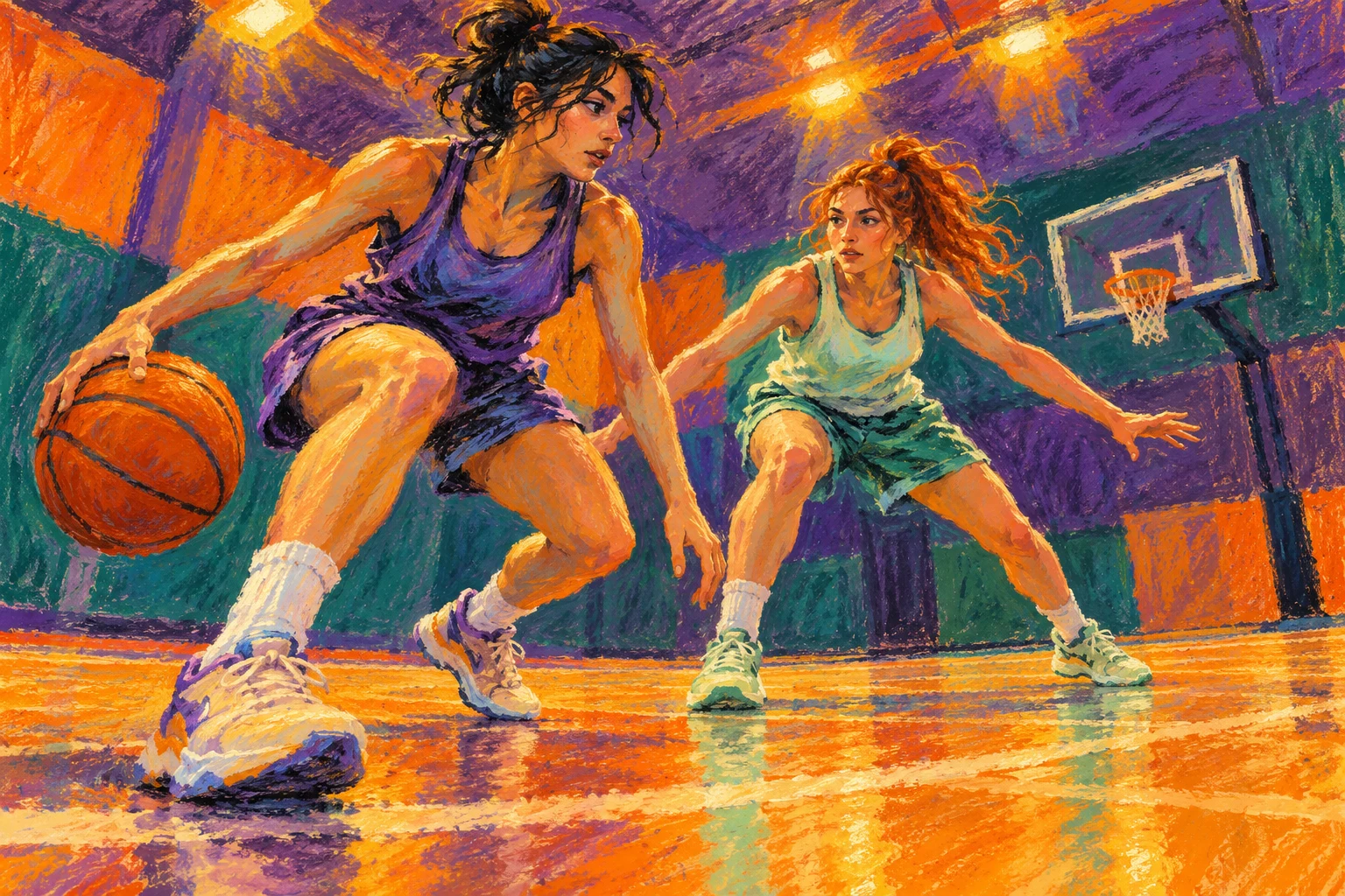 Ilustración IA de dos baloncestistas adultas ficticias en una cancha inventada; no representa jugadoras, pabellón ni partidos reales de la WBL Asia.