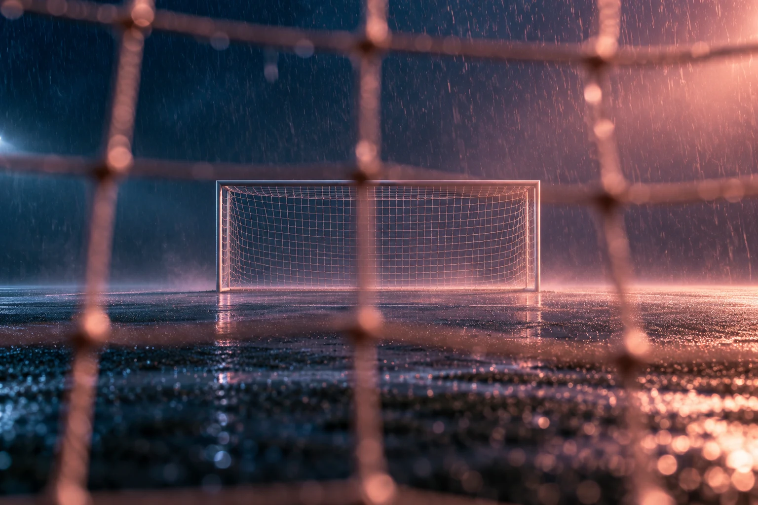 Ilustración IA de una maqueta de portería vacía bajo lluvia simulada; no muestra un estadio, partido o resultado reales.
