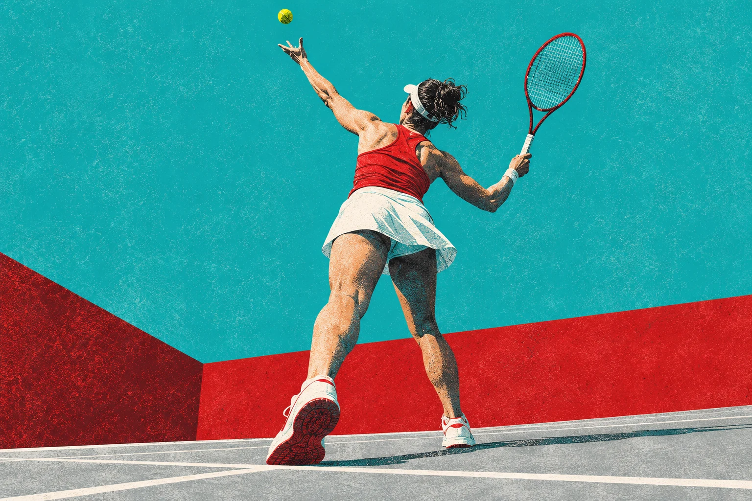 Ilustración IA de una tenista adulta ficticia en una pista imaginaria; no documenta un partido, jugadora o resultado reales.