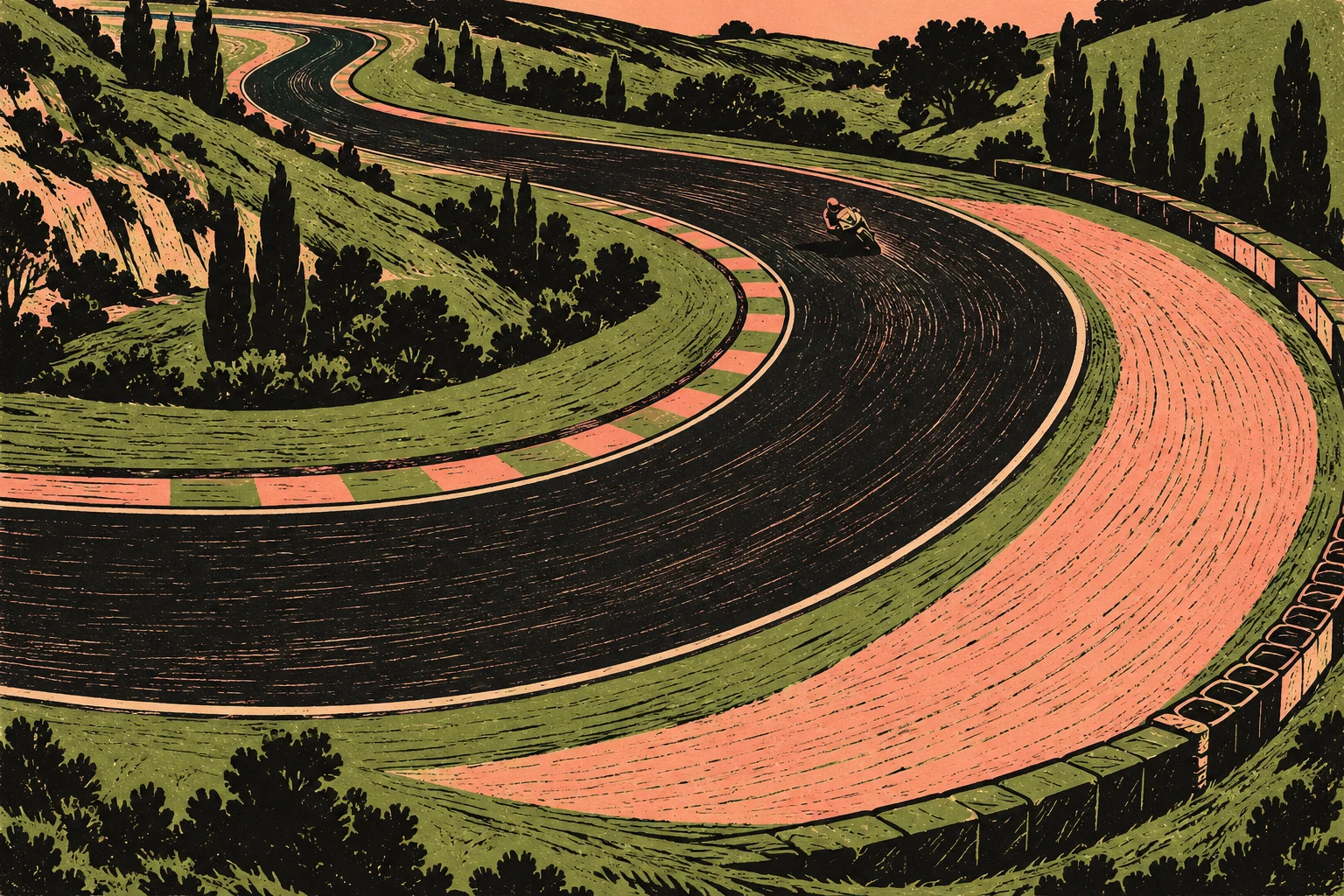 Ilustración IA en linóleo de un circuito y un piloto ficticios; no reproduce un trazado oficial, una sanción o una carrera reales.