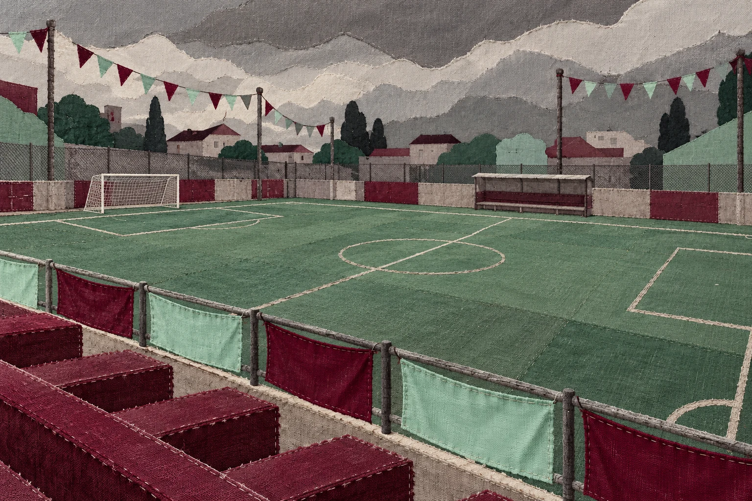 Ilustración IA textil de un campo ficticio vacío; no muestra clubes, estadios, partidos o entradas reales de la Copa del Rey.