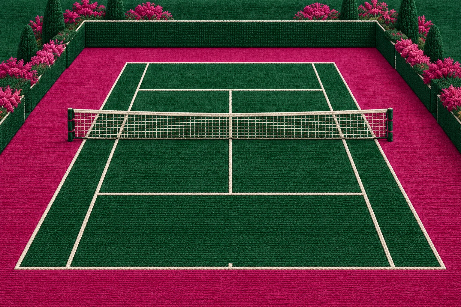 Ilustración IA de una pista de tenis vacía e imaginaria con una red textil, sin jugador, trayectoria ni jugada real.