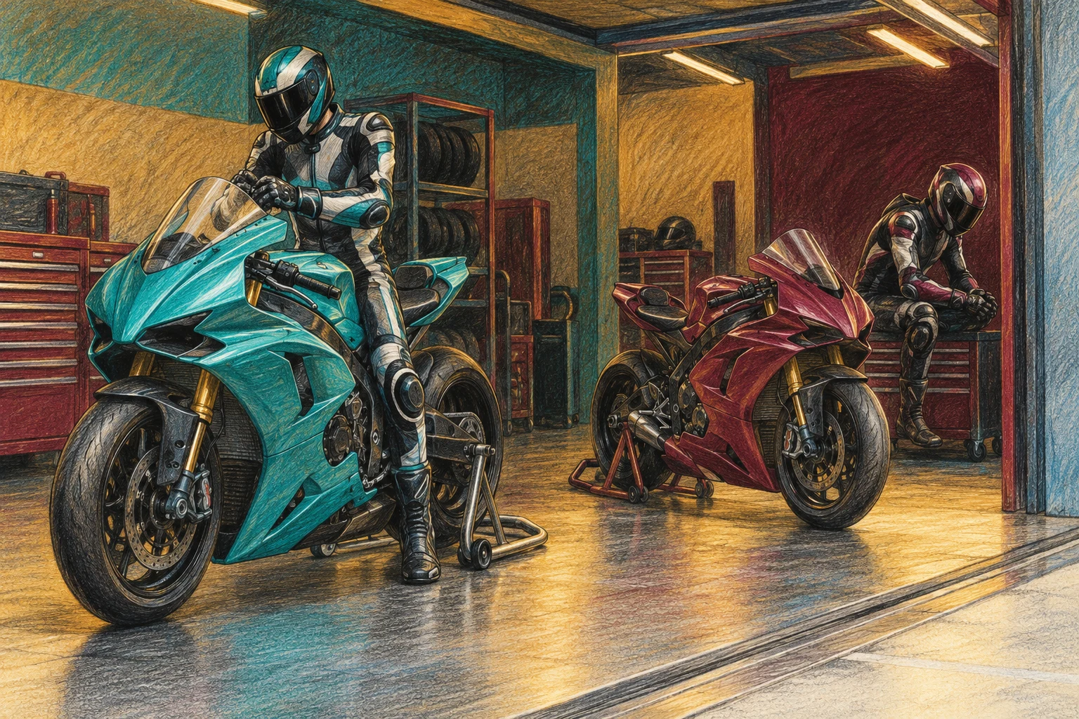 Dibujo IA de motos de competición genéricas y pilotos adultos ficticios en un garaje inventado; sin equipos, parrilla ni resultado reales.
